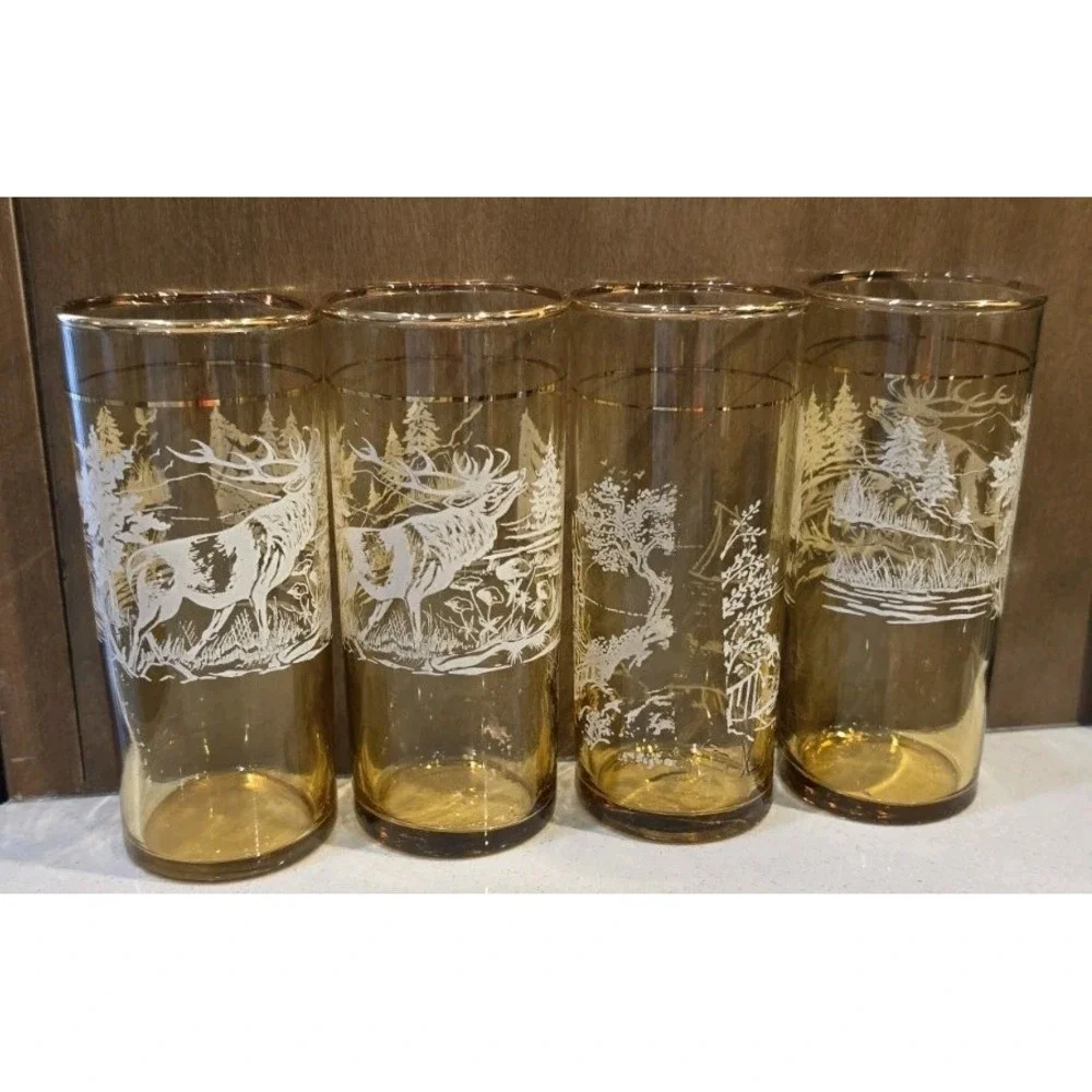 VTG Amber Highball Glasses Frosted White‎ Deer Stag Forest MCM Barware Set 4